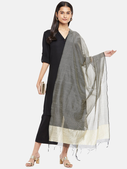 RANGMANCH BY PANTALOONS Black & White Woven Design Cotton Silk Dupatta
