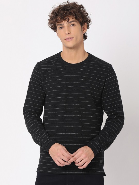 Mufti Men Black & White Striped Slim Fit T-shirt