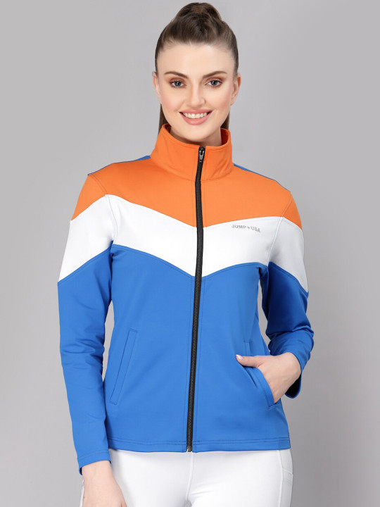 JUMP USA Women Blue & Orange Colourblocked Sporty Jacket