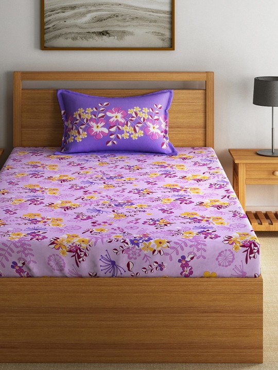 Lavender Cotton 144 TC Single Bedsheet with 1 Pillow Cover