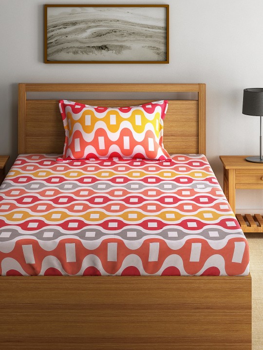 Multicoloured Cotton 144 TC Single Bedsheet with 1 Pillow Cover