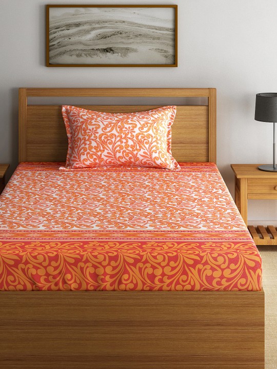 Orange Cotton 144 TC Single Bedsheet with 1 Pillow Cover