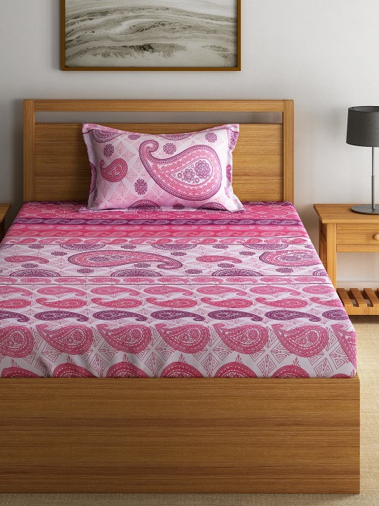 Pink Cotton 144 TC Single Bedsheet with 1 Pillow Cover