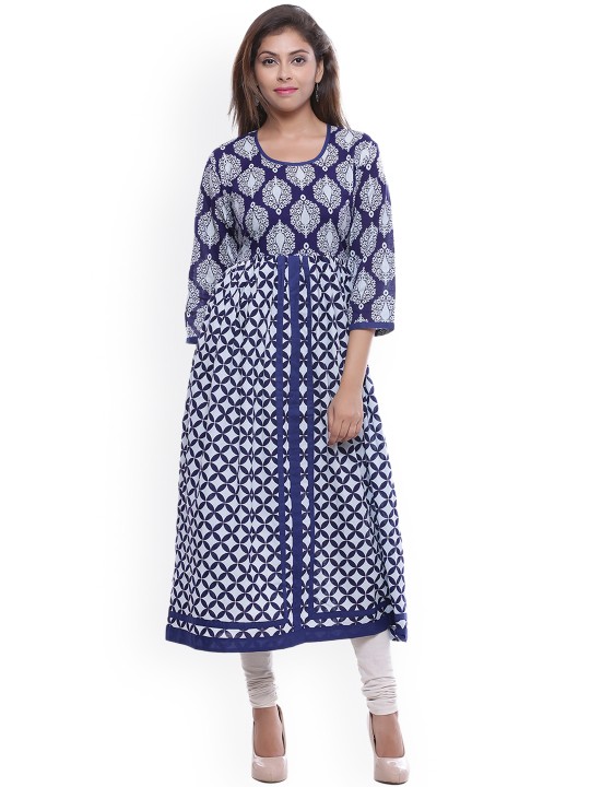 Women Blue & White Printed A-Line Kurta S