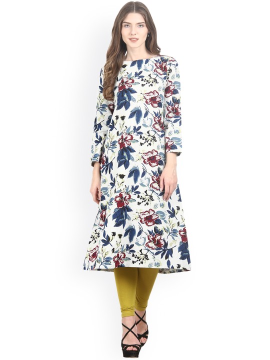 Women White Printed A-Line Kurta S