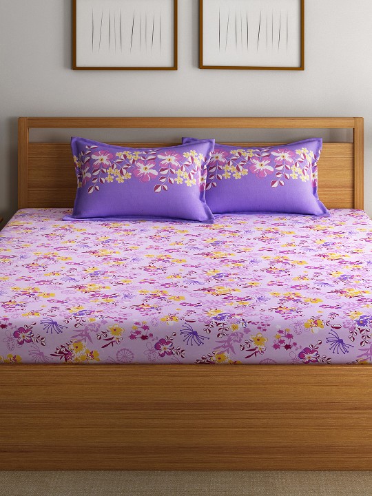 Lavender Cotton 144 TC Double Bedsheet with 2 Pillow Cover