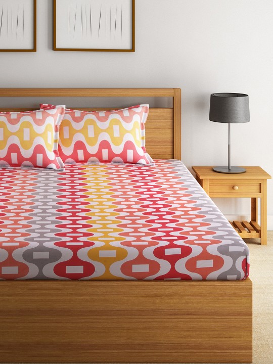 Multicoloured Cotton 144 TC Double Bedsheet with 2 Pillow Cover