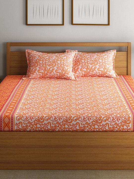 Orange & White Cotton 144 TC Double Bedsheet with 2 Pillow Cover