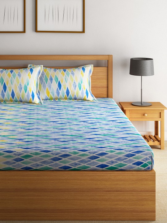 Blue & Yellow Cotton 144 TC Double Bedsheet with 2 Pillow Cover