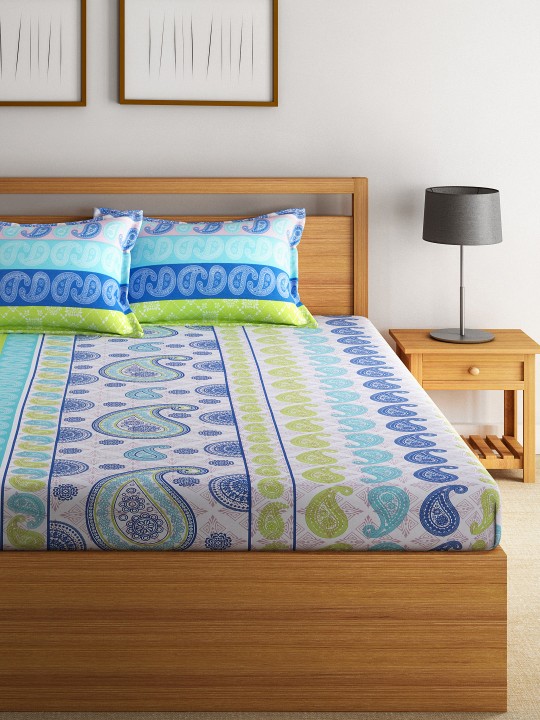 Blue & White Cotton 144 TC Double Bedsheet with 2 Pillow Cover
