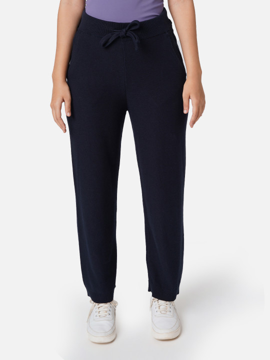 Blissclub Women Navy Regular Cotton Mid Rise Pants with Two Pockets