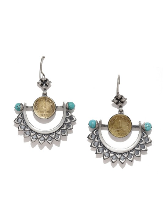 Oxidised Silver Crescent Shaped Handcrafted Drop Earrings