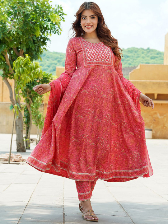 KALINI Floral Printed Gotta Patti Pure Cotton Anarkali Kurta With Trousers & Dupatta