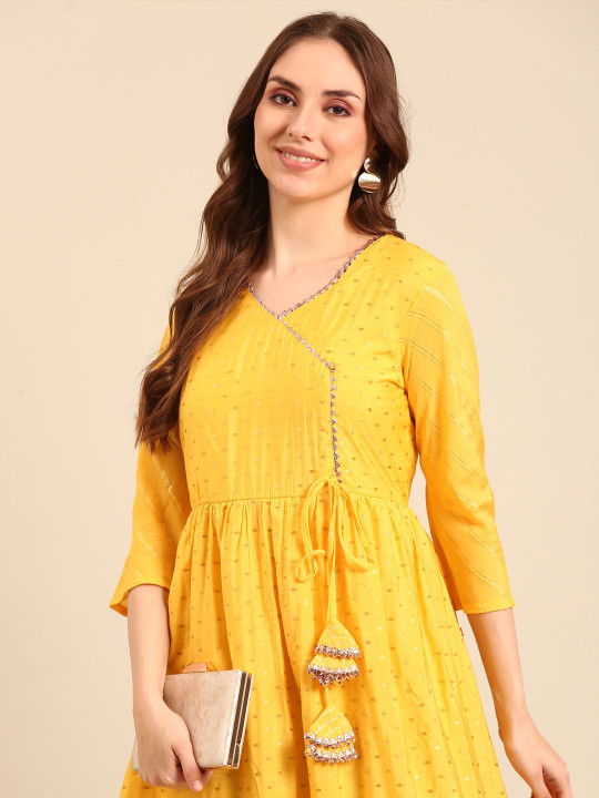 Anouk Mustard Floral Woven Design Angrakha Cotton Anarkali Kurta