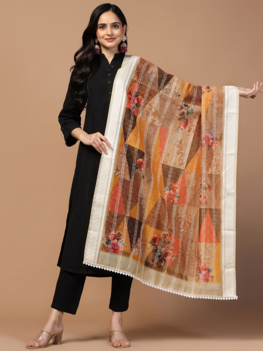 Kaizen TEXO FAB Floral Printed Chanderi Cotton Dupatta