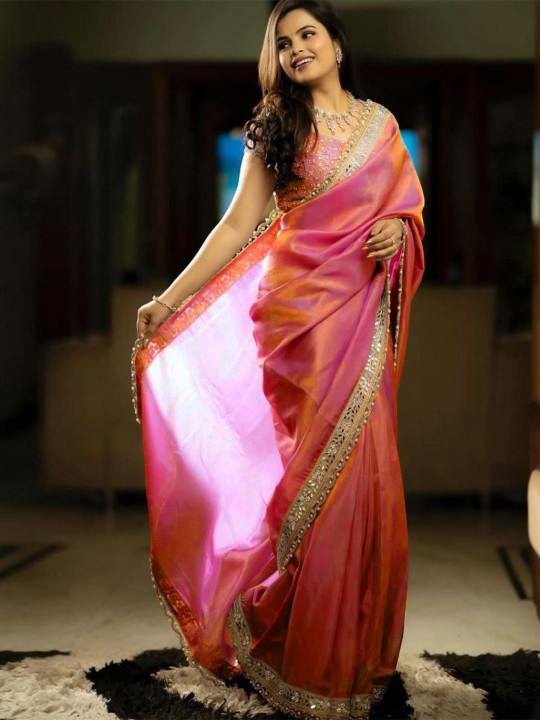 Celeb Styles Mirror Work Tissue Saree