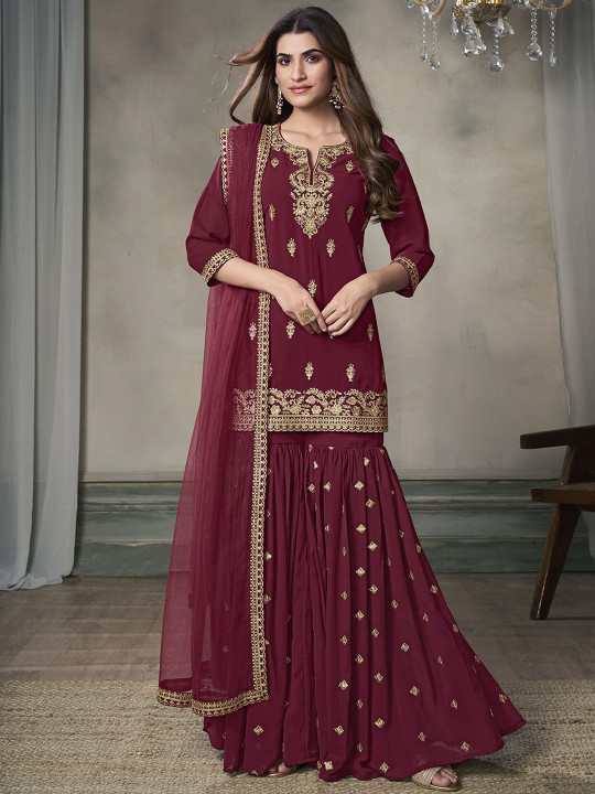Inddus Women Floral Zari and Sequinned Embroidered Kurta Set with Dupatta