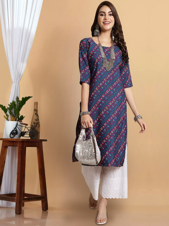 7Threads Women Printed Keyhole Neck Flared Sleeves Thread Work Floral Crepe Kurta