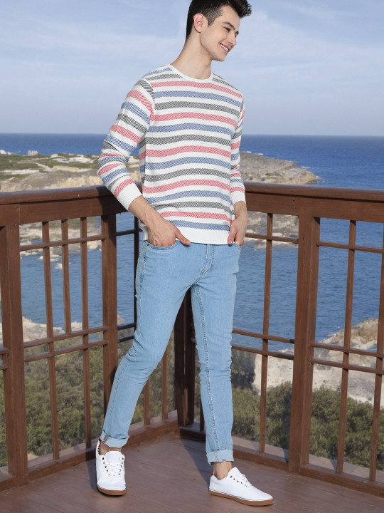 Mast & Harbour Men White & Pink Striped Pullover