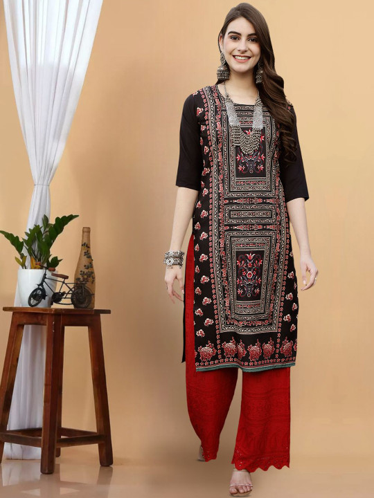 7Threads Floral Printed Round Neck Straight Kurta