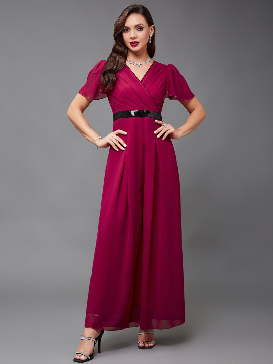 Miss Chase Women Solid Relaxed Fit Short Sleeve V-Neck Ankle-Length Straight Jumpsuit