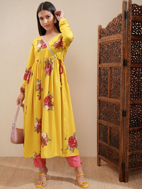 Vishudh Yellow Floral Printed V-Neck Angrakha Gotta Patti Gathered Anarkali Kurta