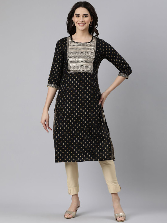 Souchii Ethnic Motifs Printed Round Neck Mirror Work Straight Kurta