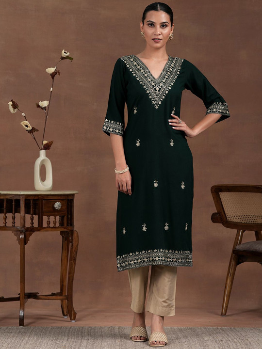 Libas Floral Zari Embroidered V Neck Straight Kurta