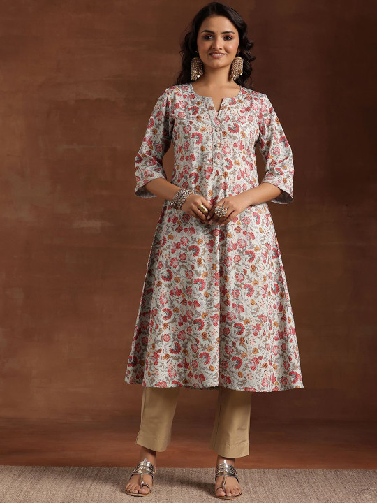 Gerua By Libas Floral Printed Sequinned Cotton A-Line Kurta