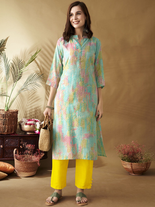 Anouk X fwd Tribal Printed Mandarin Collar Chanderi Silk Straight Kurta