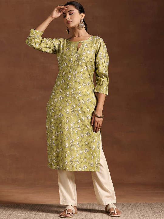 Gerua By Libas Floral Printed Keyhole Neck Puff Sleeves Straight Kurta