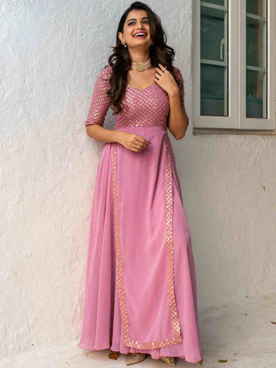 KALINI Embroidered maxi Ethnic motifs Georgette Fit and Flare Dresses
