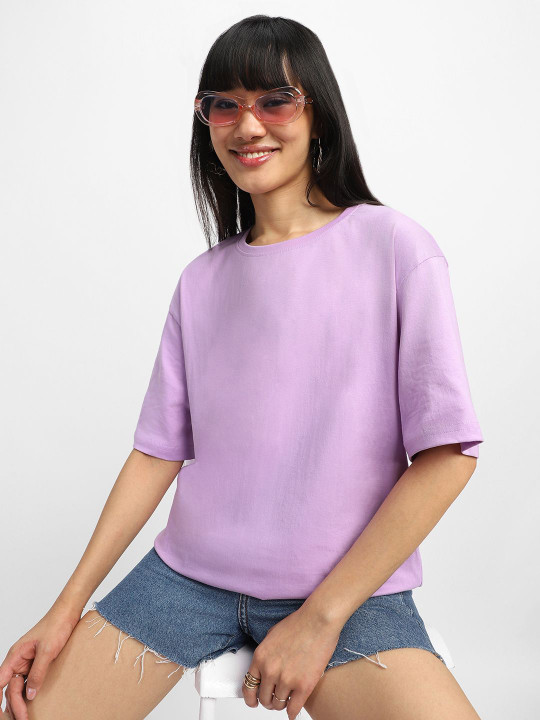 JUNEBERRY Women Solid Round Neck Pure Cotton Oversized T-shirt