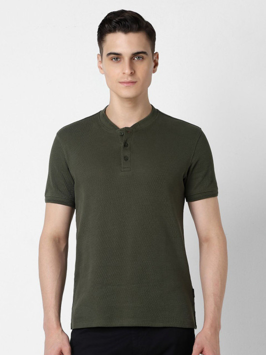 VAN HEUSEN DENIM LABS Men Self Design Henley Neck Cotton T-shirt