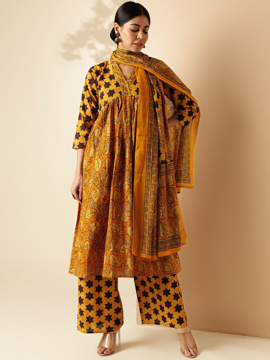 Vbuyz Floral Printed Sequined Empire Pure Cotton A-Line Kurta With Palazzos & Dupatta