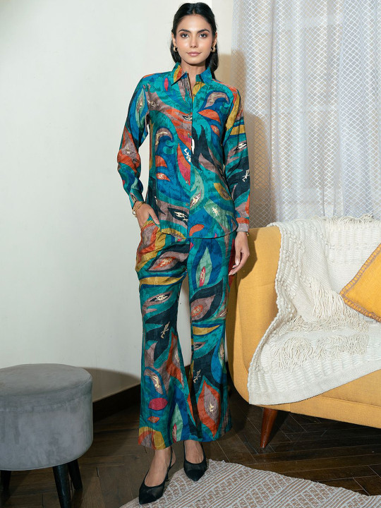 Claura Blue Abstract Printed Shirt With Trousers