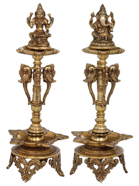 Exotic India Textured Brass 2 Piece Easy to Clean Ganesh Chaturthi Diyas