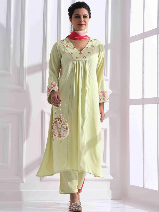 Anouk Floral Yoke Design Thread Work Kurta with Trousers & Dupatta