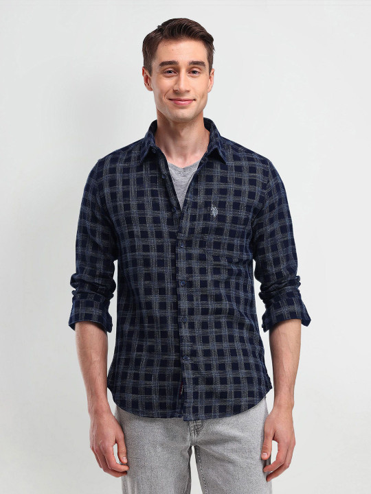U.S. Polo Assn. Men Modern Spread Collar Tartan Checked Cotton Slim Fit Casual Shirt