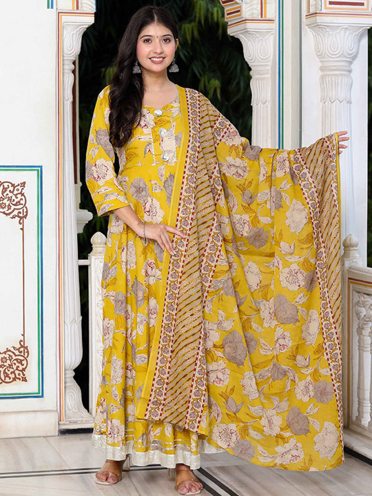 MIRAVAN Floral Printed Cotton Gota Patti Anarkali Kurta And Dupatta
