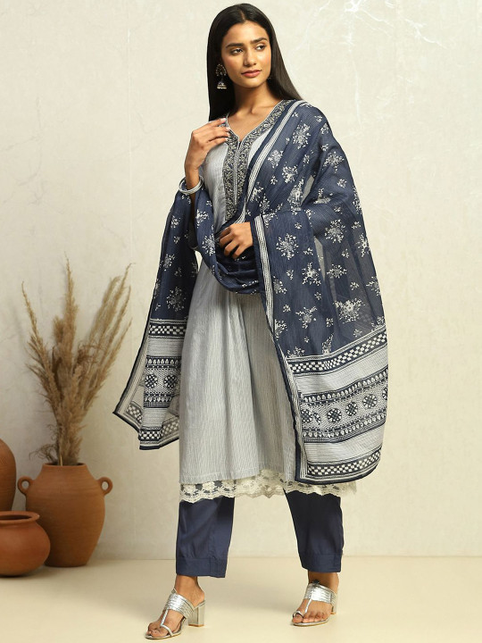 Biba Striped Thread Work Pure Cotton A-Line Kurta With Trouser & Dupatta
