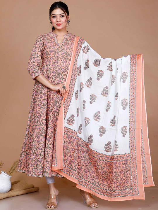 MIRAVAN Floral Printed Gotta Patti Mandarin Collar Cotton Anarkali Kurta With Dupatta