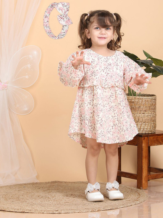 Polka Tots Girls Floral Print Cape Sleeve A-Line Dress