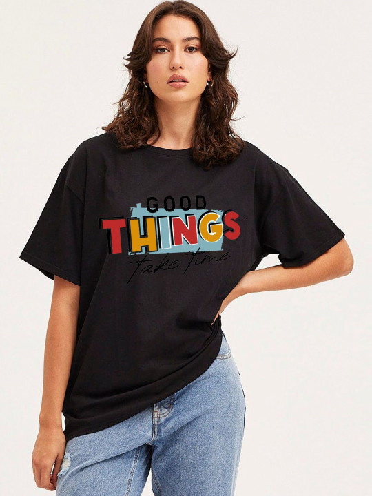 Genzy Women Typography Printed Drop-Shoulder Sleeves Applique T-shirt