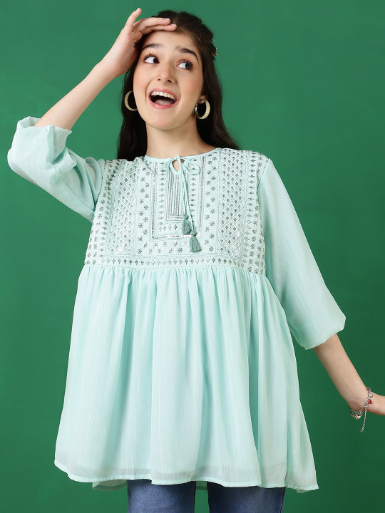 BAESD Embroidered Keyhole Neck Georgette Top