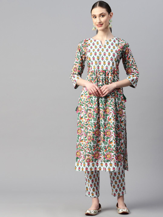 Indibelle Women Floral Printed Keyhole Neck Mirror Work Kurta