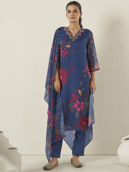 Anouk Navy Blue Floral Printed V-Neck Thread Work Straight Kurta with Trousers & Dupatta