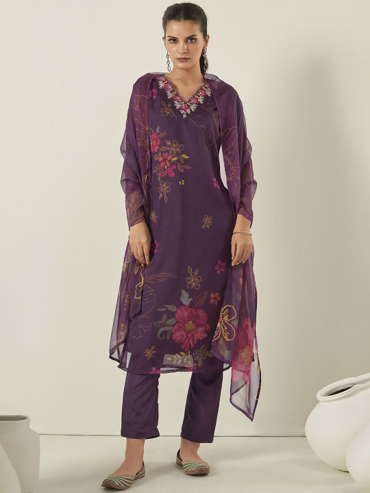 Anouk Mauve Floral Printed V-Neck Thread Work Straight Kurta with Trousers & Dupatta