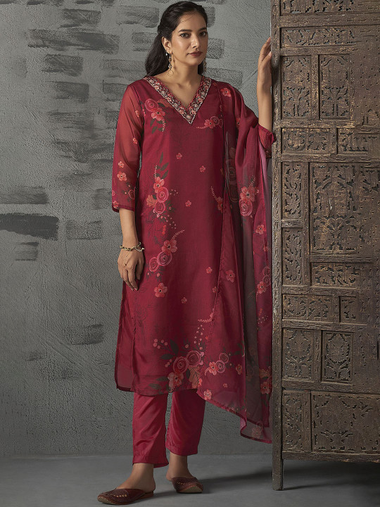 Anouk Red Floral Printed V-Neck Thread Work Straight Kurta with Trousers & Dupatta