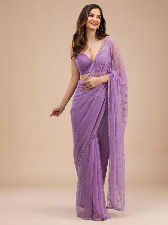 Koskii Women Threadwork Purple Chiffon Saree With Unstitched Blouse